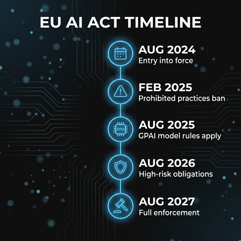AlkunMedia - EU AI Act Mittelstand Pflichten 2026: Zeitachse mit Inkrafttreten, GPAI-Regeln und Hochrisiko-Fristen bis 2027