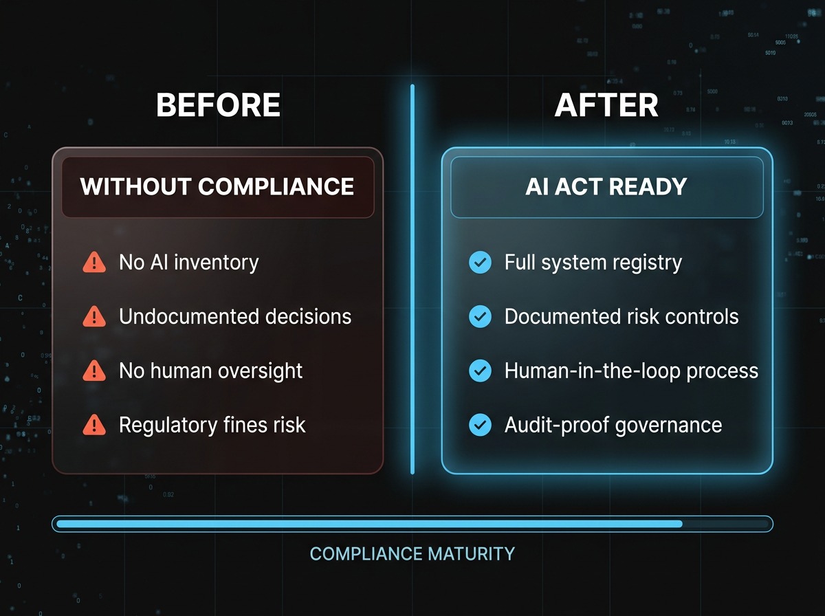 AlkunMedia - EU AI Act Mittelstand Pflichten 2026: Vorher-Nachher-Vergleich ohne und mit Compliance-Reifegrad