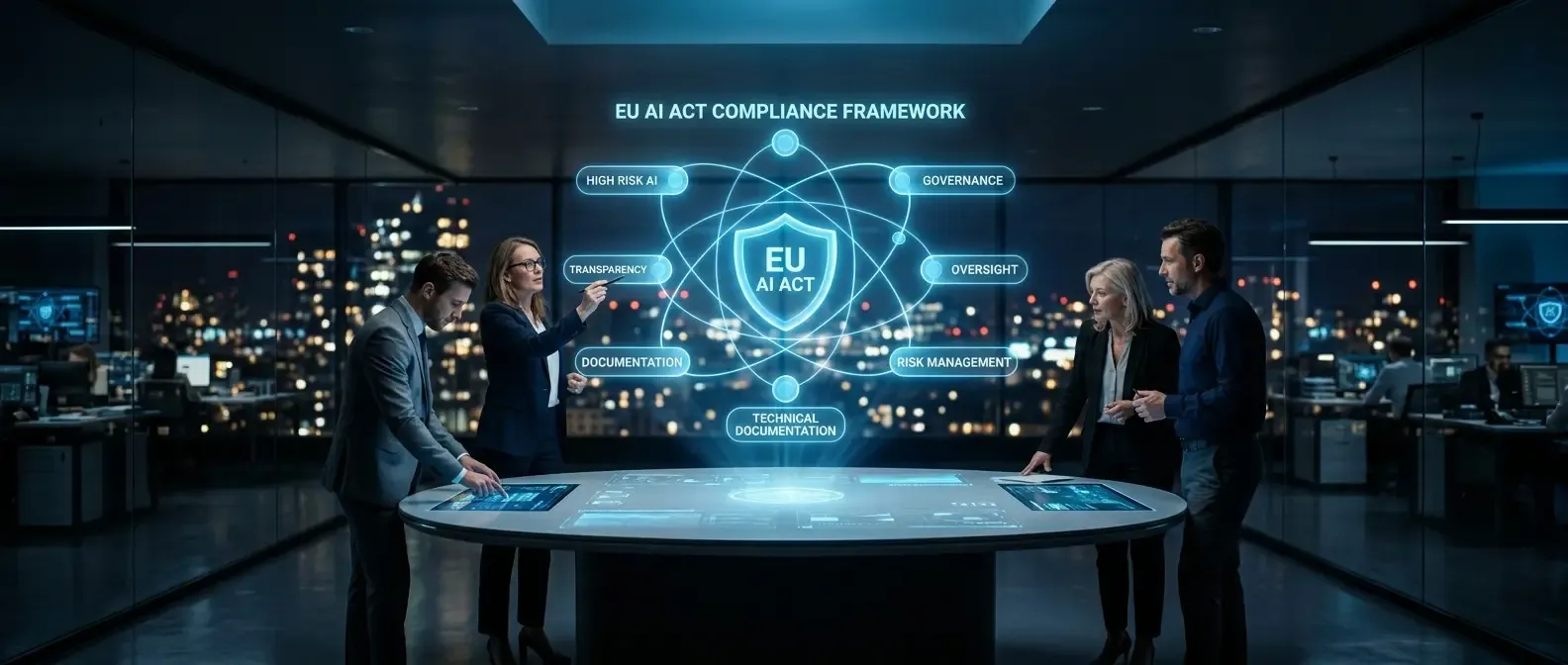 AlkunMedia - EU AI Act Mittelstand Pflichten 2026: Führungsteam mit EU-KI-Verordnung und Compliance-Hologramm im Newsroom