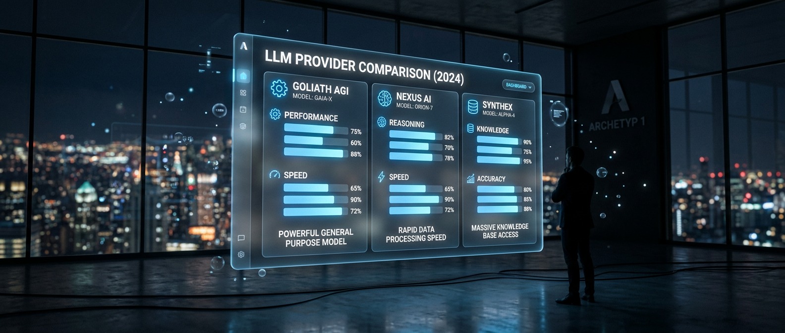 AlkunMedia - LLM-Markt Einordnung 2026: Futuristisches Tech-Lab mit leuchtenden KI-Modell-Dashboards und Marktübersicht