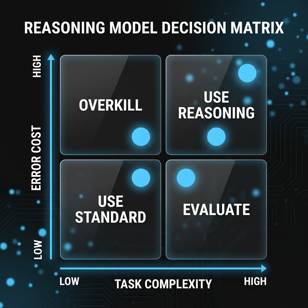 AlkunMedia - Entscheidungsmatrix: Wann Reasoning KI Modelle im Unternehmenseinsatz sinnvoll sind — 2×2-Matrix nach Aufgabenkomplexität und Fehlerpreis