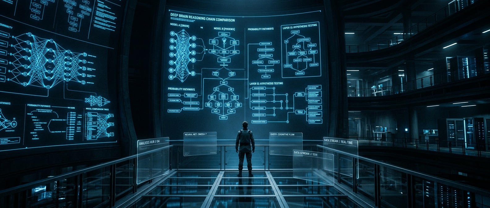 AlkunMedia - Reasoning KI Modelle Unternehmenseinsatz: Entscheider analysiert komplexe KI-Modellarchitektur im Kontrollraum
