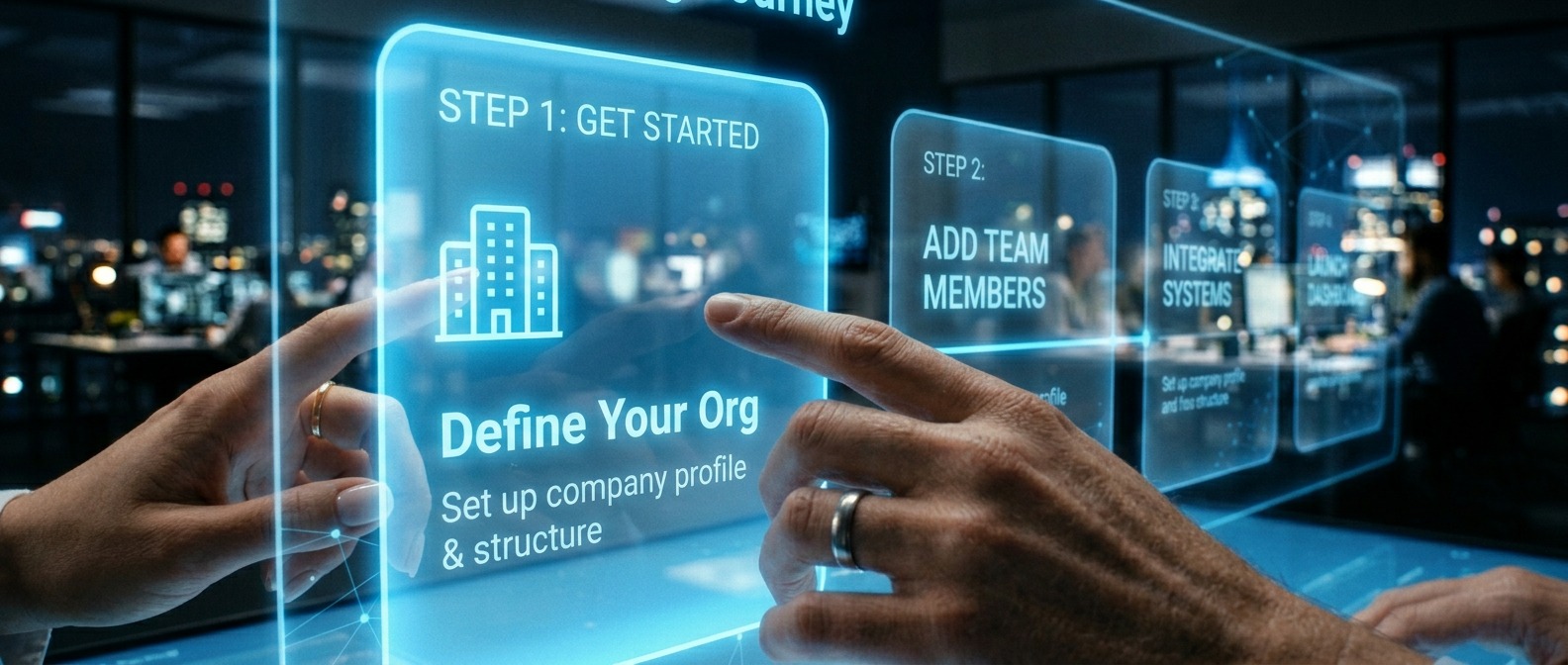 AlkunMedia - Mitarbeiter-Onboarding automatisieren mit KI: Hände interagieren mit holografischem Onboarding-Interface in modernem Unternehmensumfeld