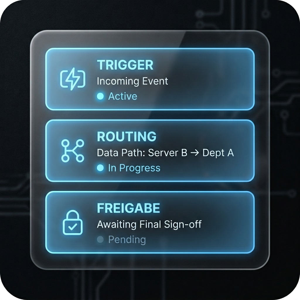 Workflow orchestration with AI: trigger, routing, and approval as a glassmorphism dashboard widget