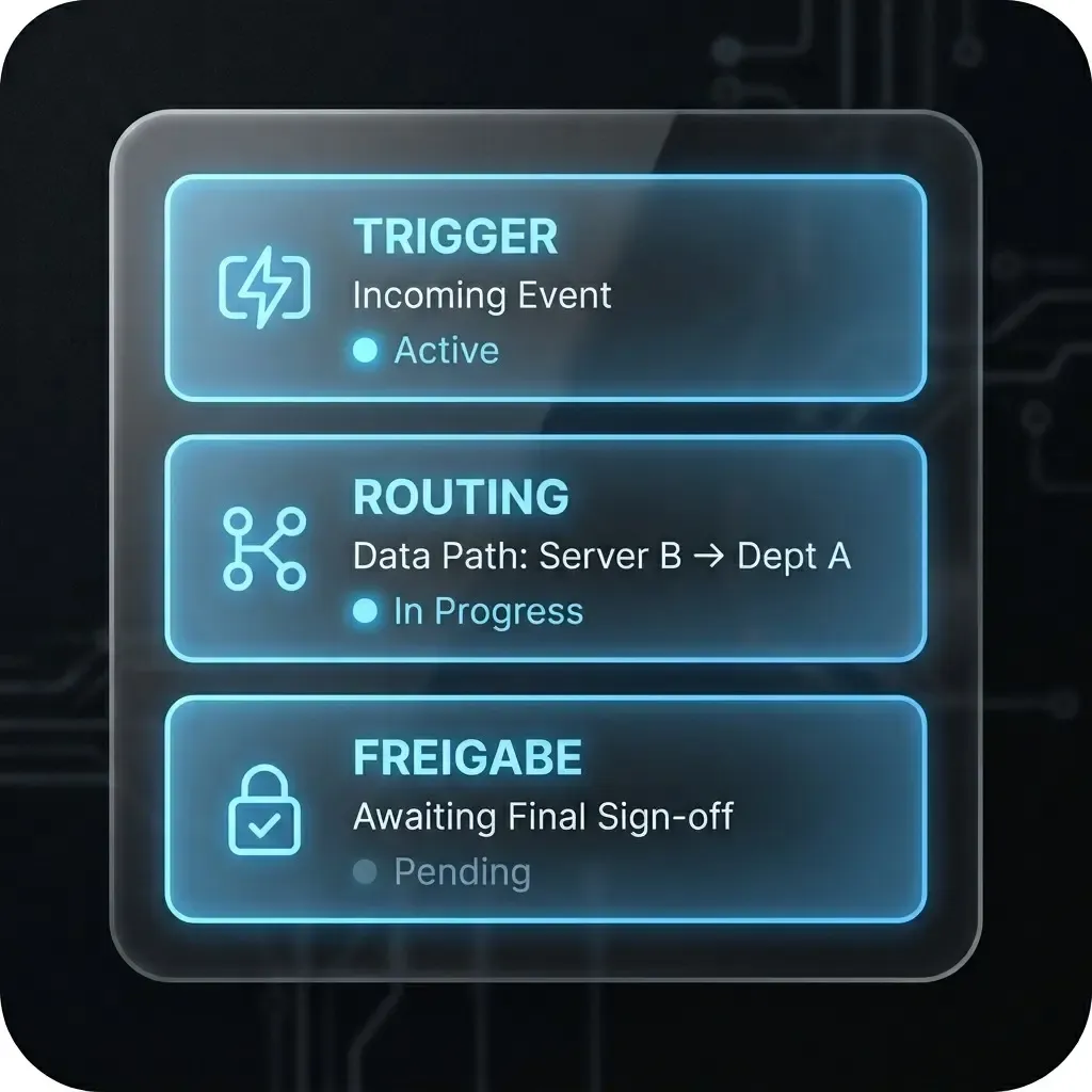 Workflow orchestration with AI: trigger, routing, and approval as a glassmorphism dashboard widget