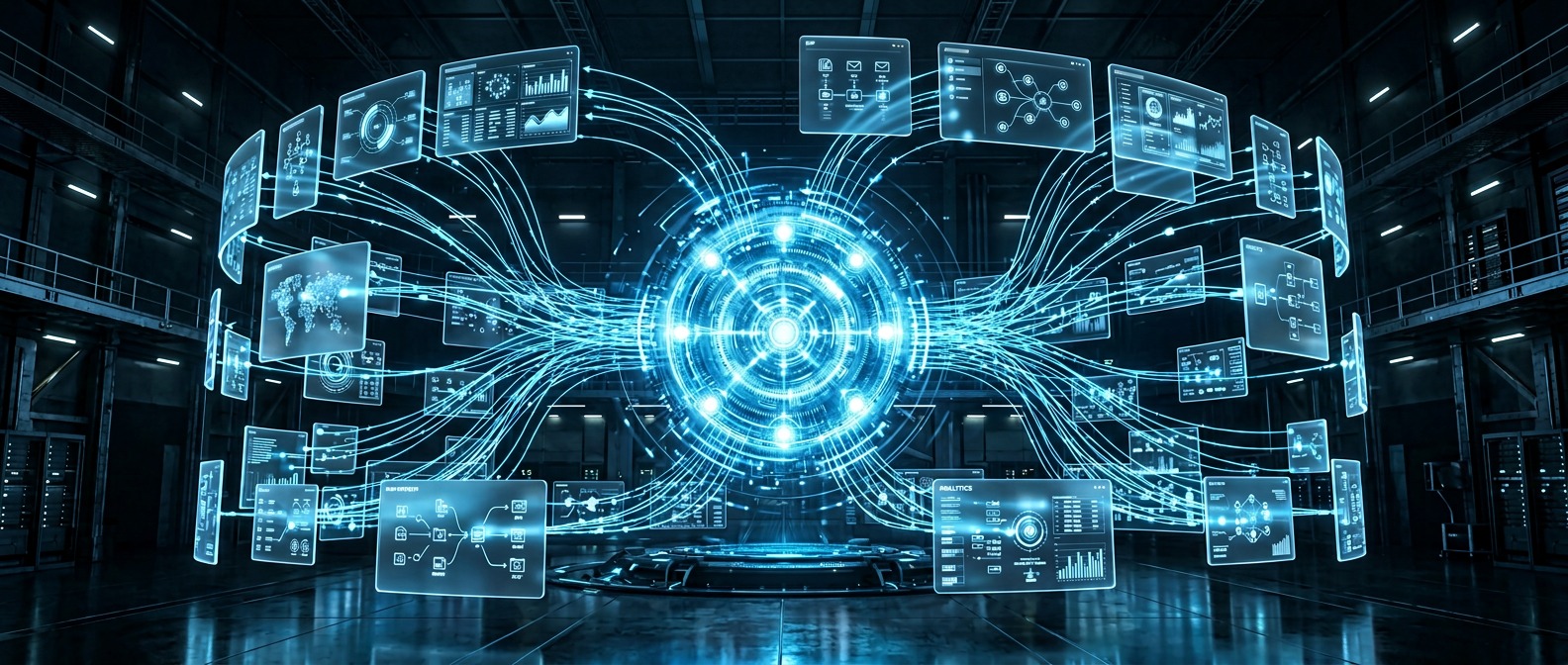 Workflow orchestration with AI: digital orchestration hub connecting business systems in a lit control room