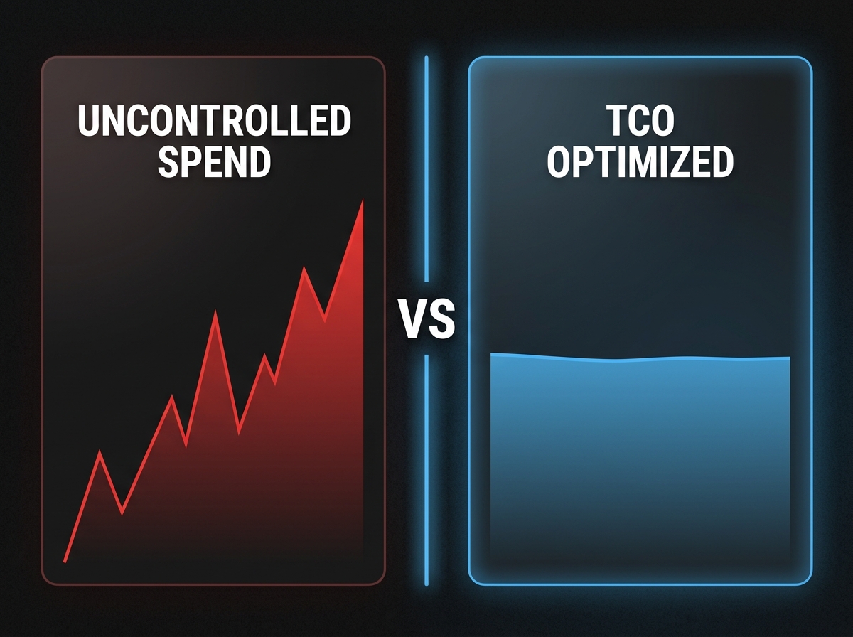 LLM Cost Calculation for Enterprises: Comparison of uncontrolled API costs vs. TCO-optimised LLM operations