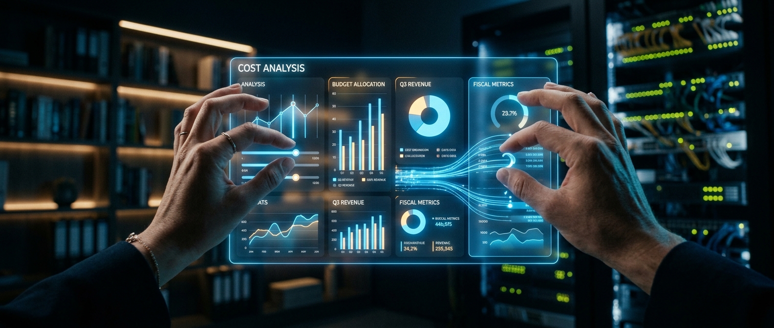 LLM Cost Calculation for Enterprises: Hands at a holographic cost dashboard in an enterprise archive setting
