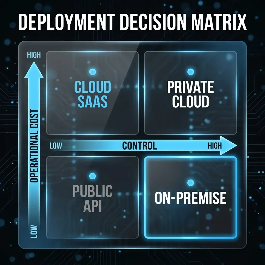 LLM on-premise vs. cloud comparison enterprise: deployment decision matrix mapping options by control and TCO