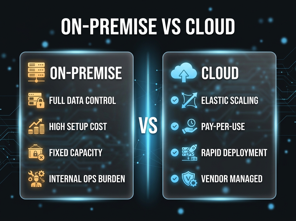 LLM on-premise vs. cloud comparison enterprise: side-by-side of data control, cost, capacity and operations