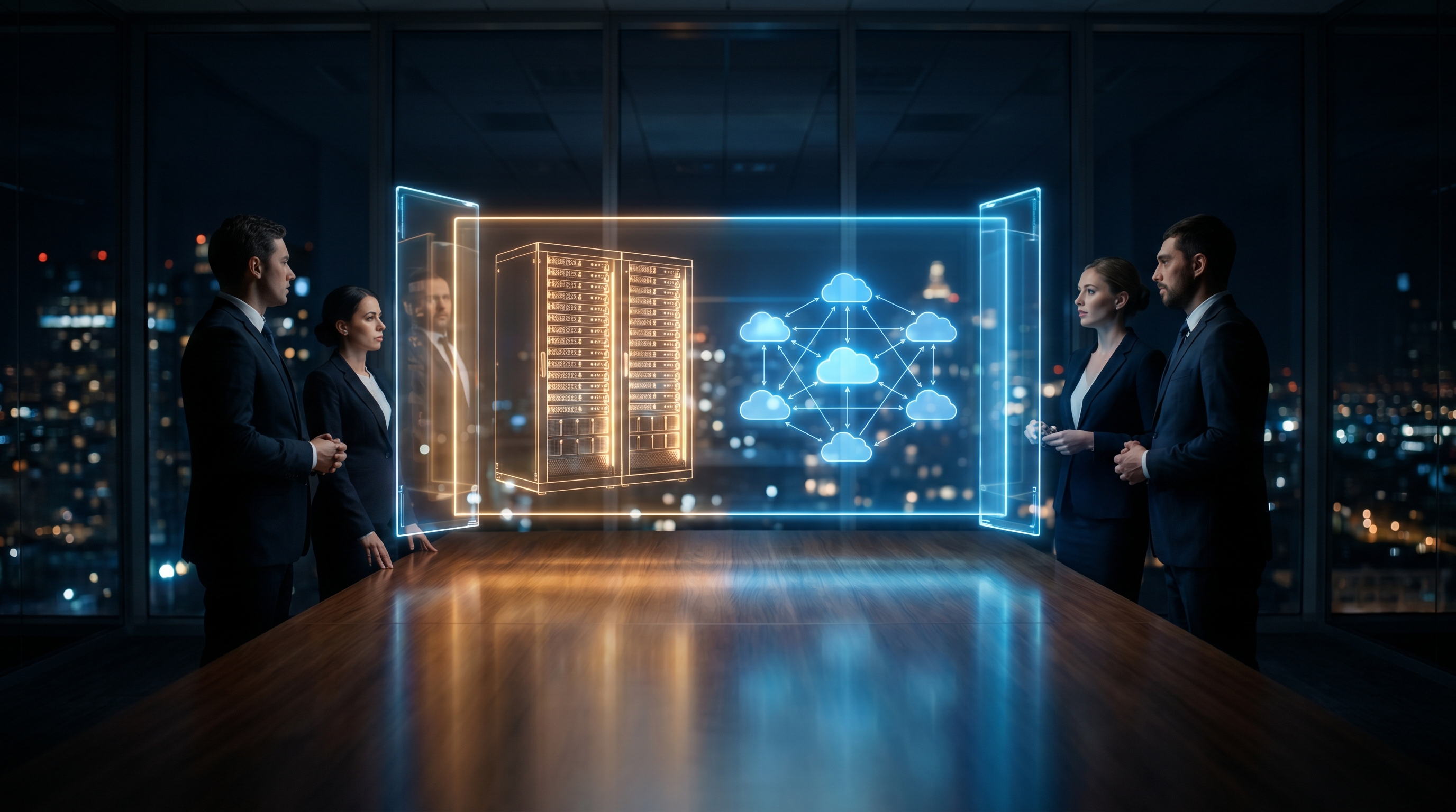 LLM on-premise vs. cloud comparison enterprise: team reviewing deployment decision with holographic infrastructure overview