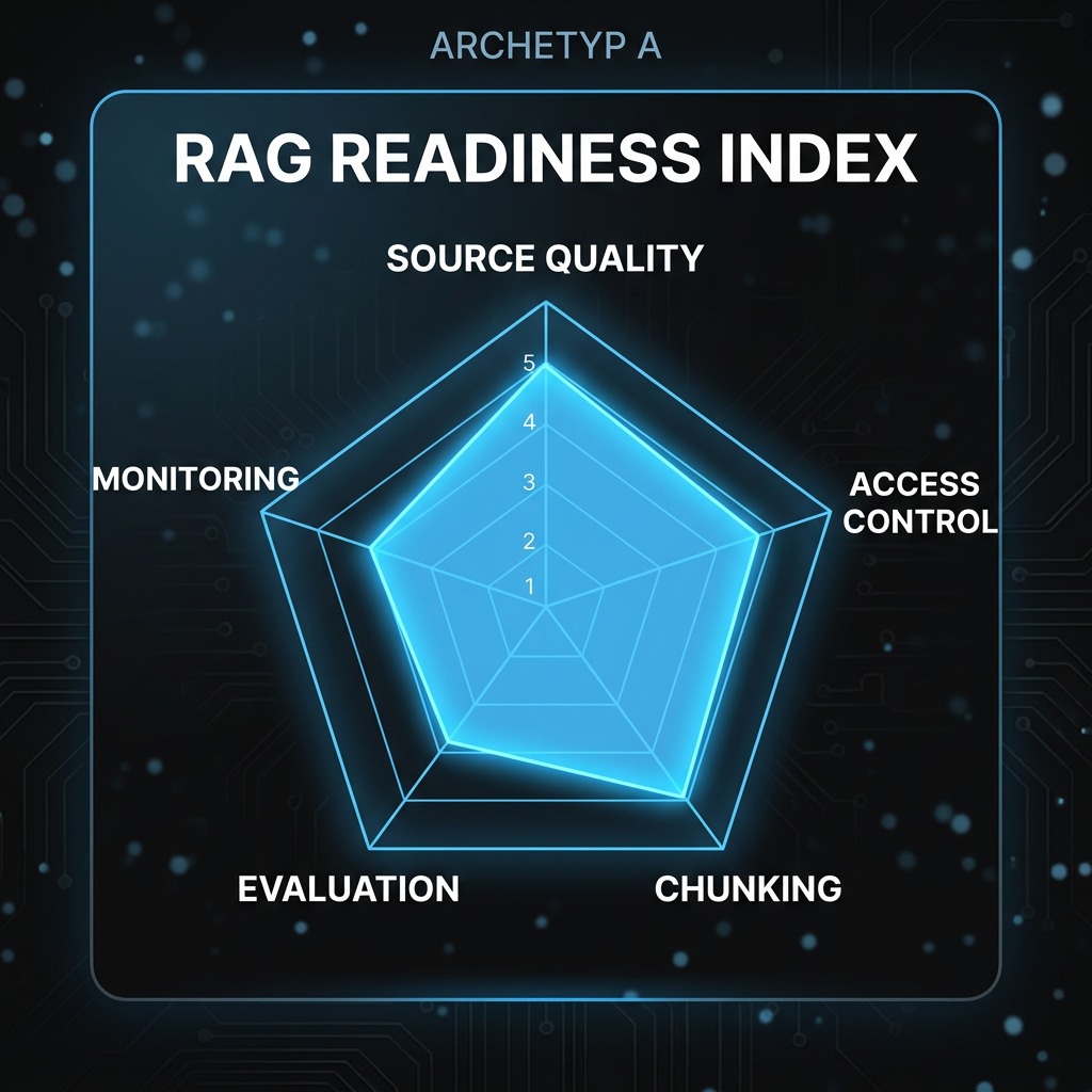 AlkunMedia - RAG readiness index: pentagon radar chart with five quality dimensions of a RAG implementation
