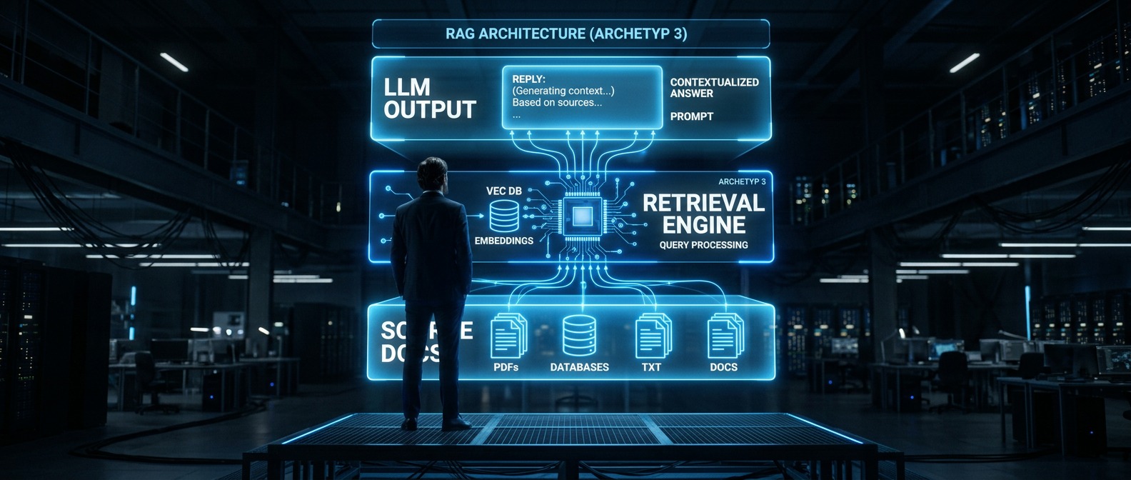 AlkunMedia - RAG for internal documents: holographic retrieval architecture diagram in an enterprise control room