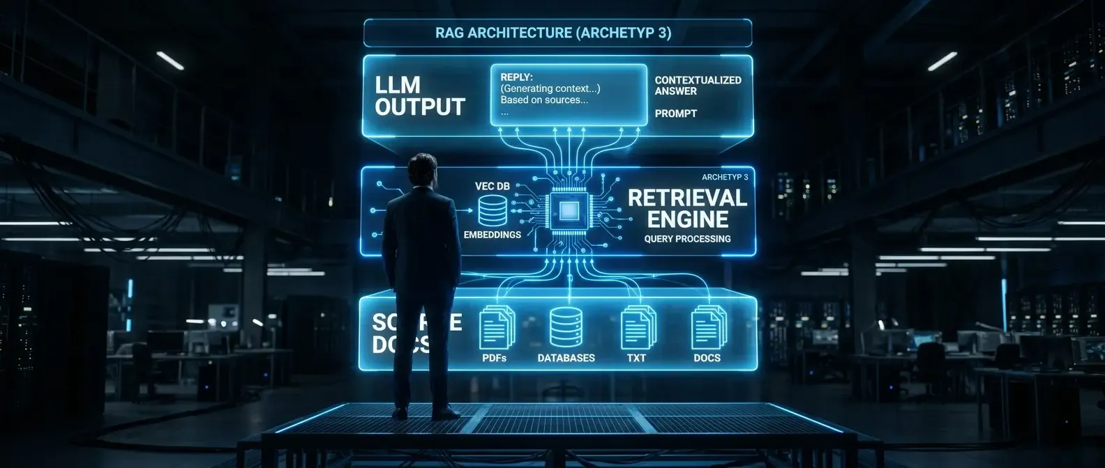 AlkunMedia - RAG for internal documents: holographic retrieval architecture diagram in an enterprise control room