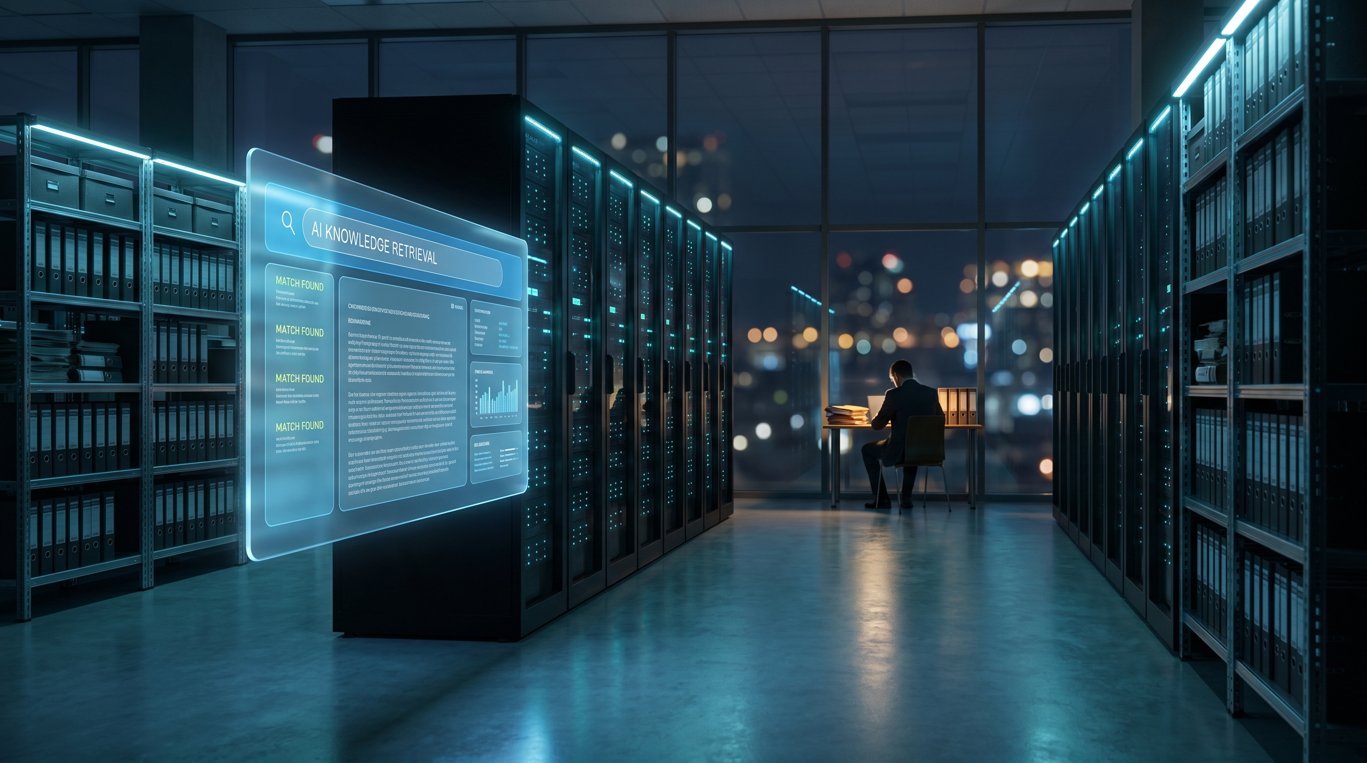 RAG-System Mittelstand — KI-Suchinterface über internem Wissensarchiv in dunkler Unternehmensumgebung