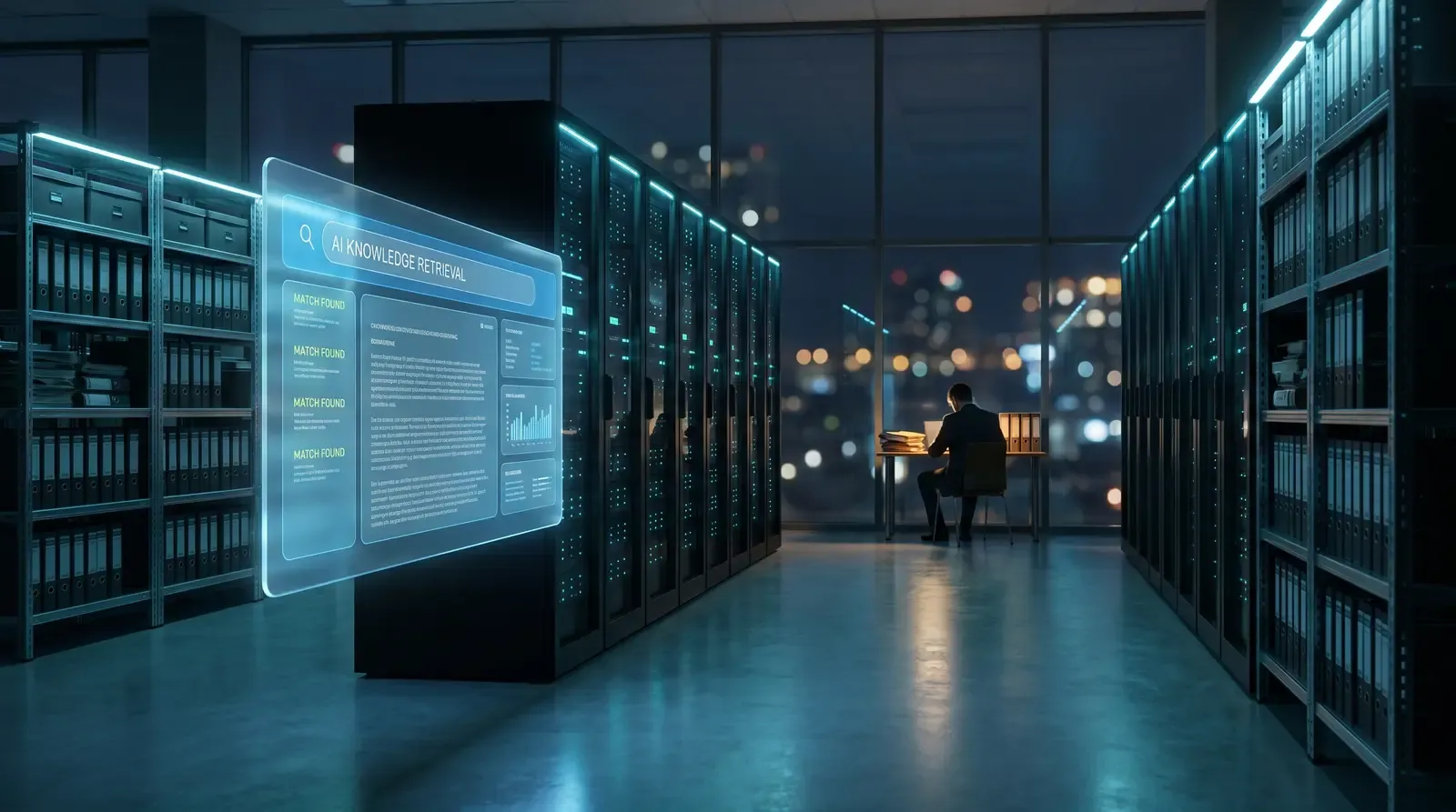 RAG-System Mittelstand — KI-Suchinterface über internem Wissensarchiv in dunkler Unternehmensumgebung