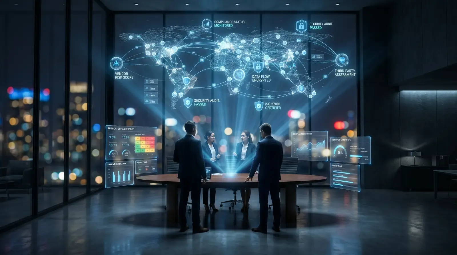 KI-Anbieter Prüfung Datenschutz Mittelstand — Compliance-Team analysiert Anbieterrisiken im Enterprise-Raum