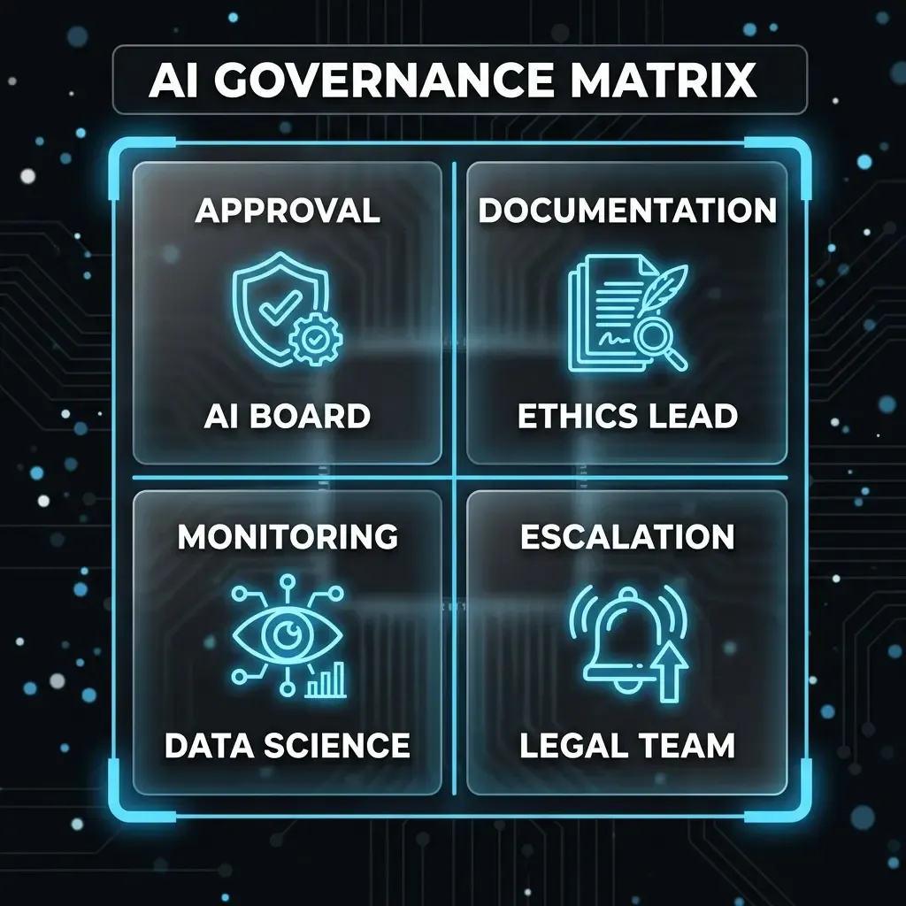 AlkunMedia - AI governance roles matrix: four core duties in a 2×2 layout