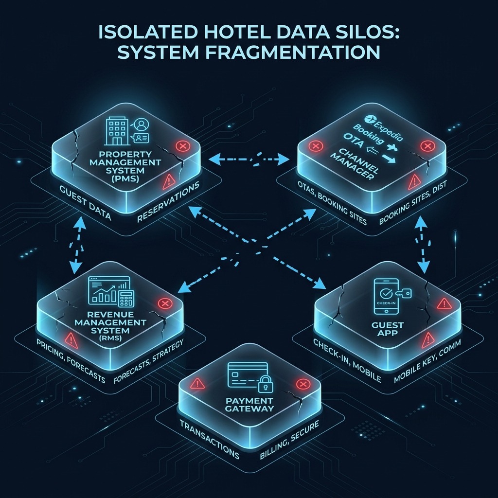 Hotel PMS integration with AI: fragmented tech stack with isolated systems — PMS, channel manager, revenue management, and payment gateway without reliable data links