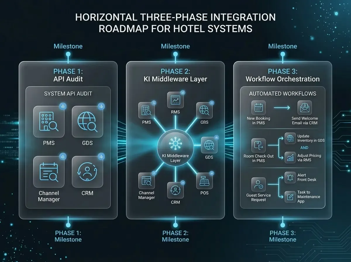 Hotel PMS integration with AI: three-phase roadmap — API audit, AI middleware setup, full workflow automation in the hotel tech stack