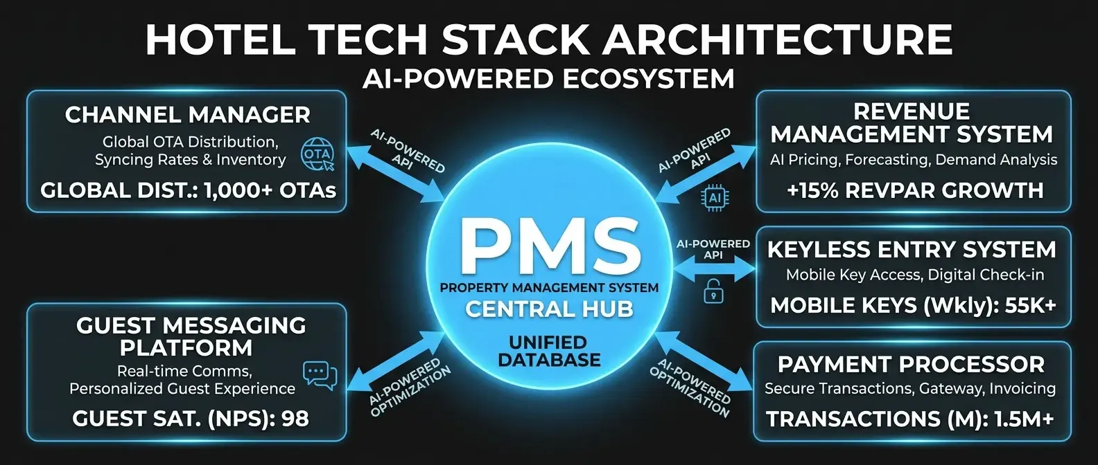 Hotel PMS integration with AI: architecture diagram with PMS as central hub and AI middleware links to channel manager, revenue management, and payment gateway