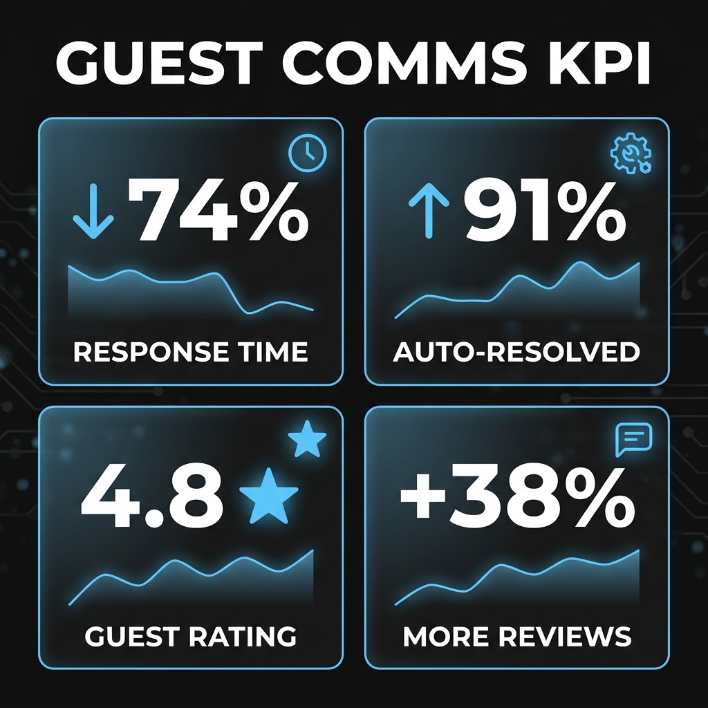 AlkunMedia - KPI-Übersicht: Reaktionszeit, Automatisierungsrate und Bewertungsquote nach Einführung der KI-Gästekommunikation