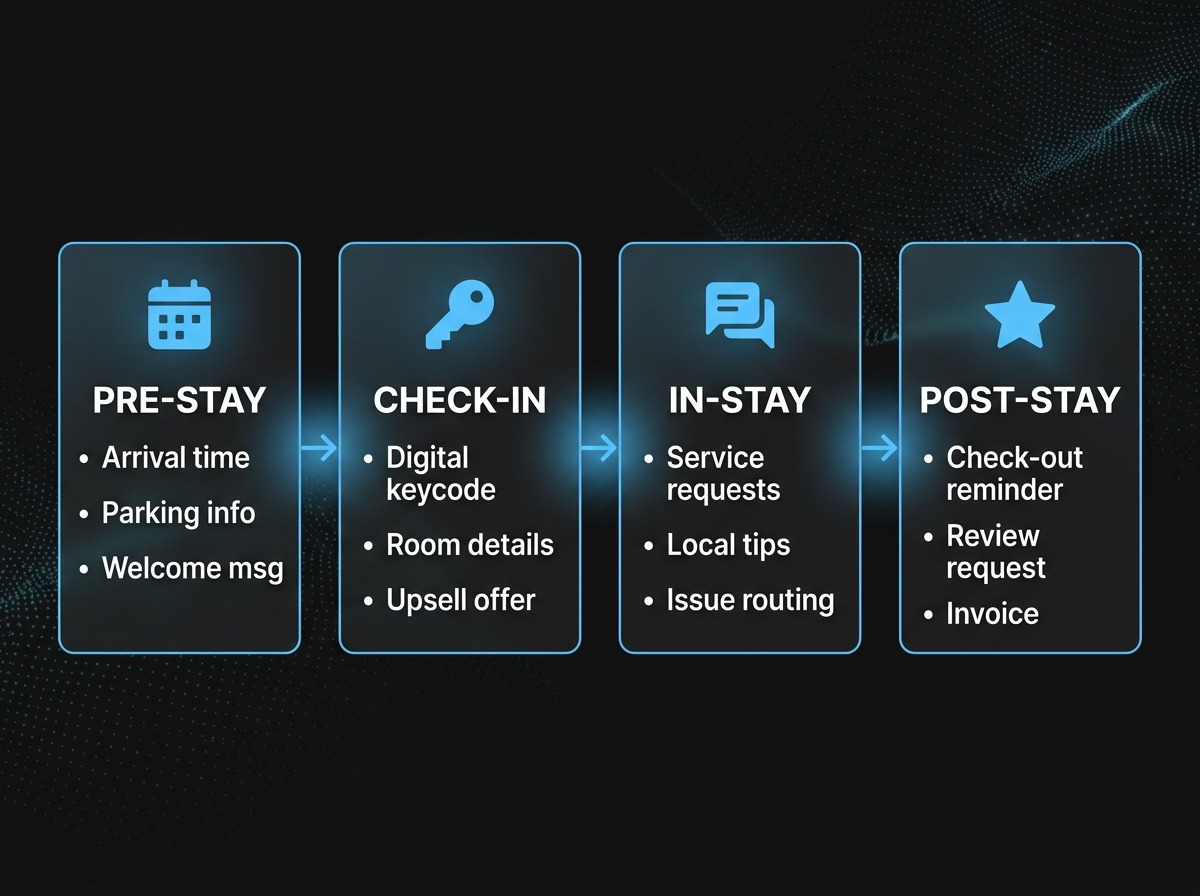 AlkunMedia - Workflow-Übersicht: Automatisierte Gästekommunikation in vier Phasen von Pre-Stay bis Post-Stay