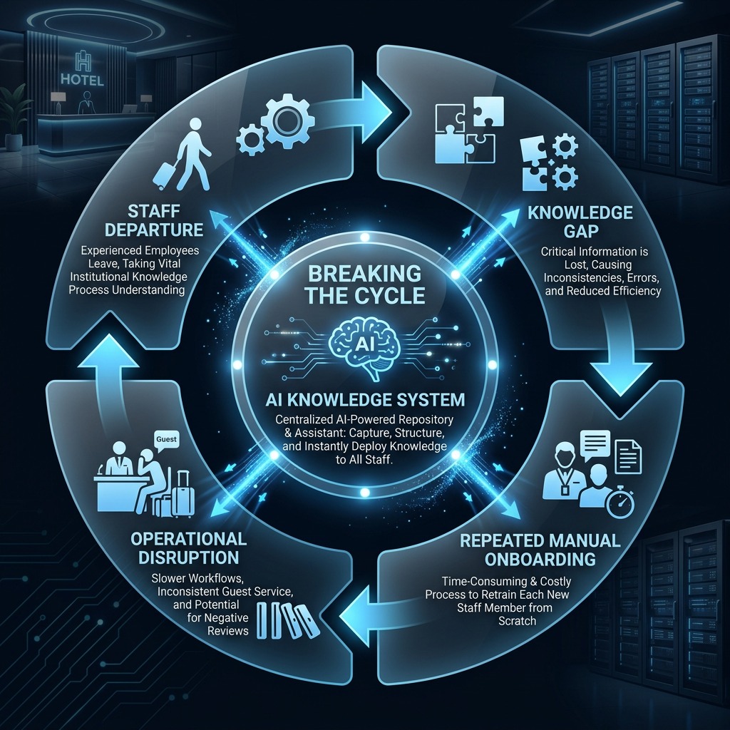 AlkunMedia - Wissensverlust-Kreislauf im Hotelbetrieb: Visualisierung des strukturellen Onboarding-Problems
