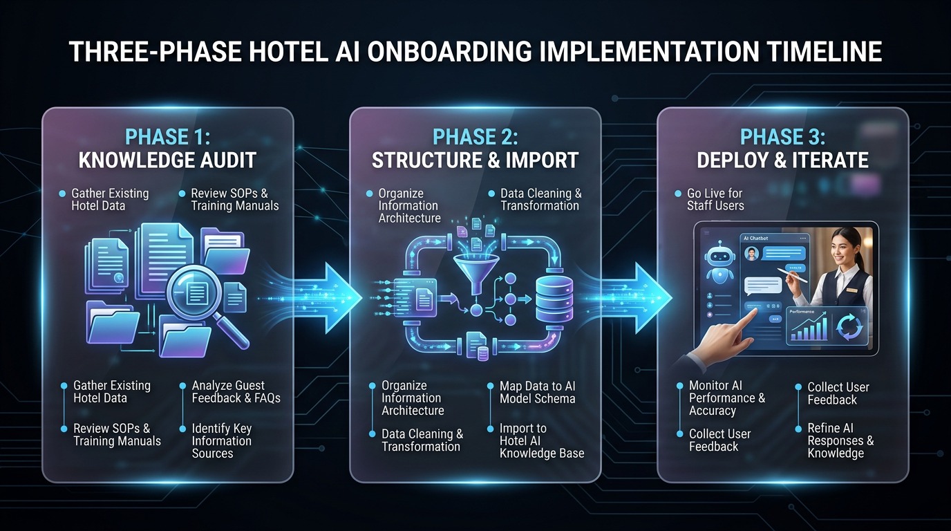 AlkunMedia - Drei-Phasen-Implementierung KI-Onboarding Hotel: Wissensaudit, Strukturierung, Rollout