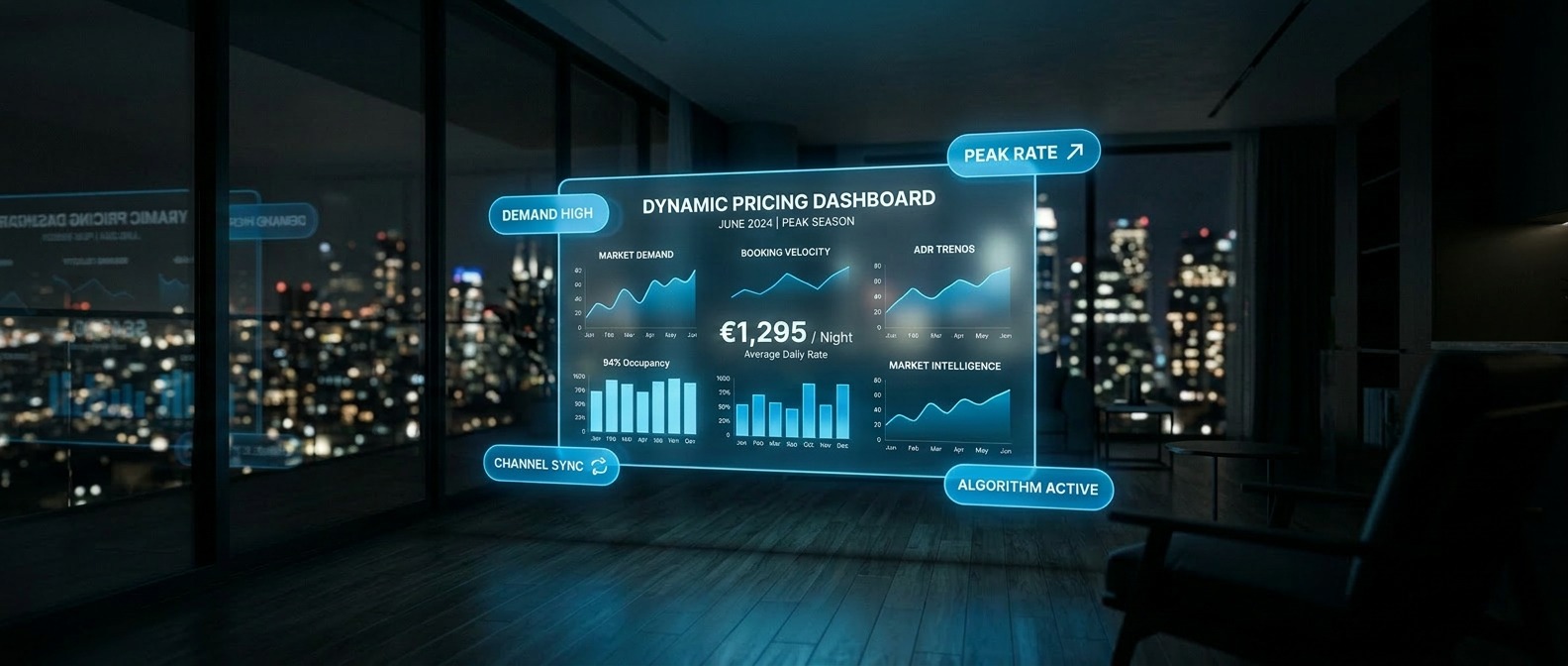 Dynamic pricing for short-term rentals: digital pricing dashboard in a serviced apartment at night