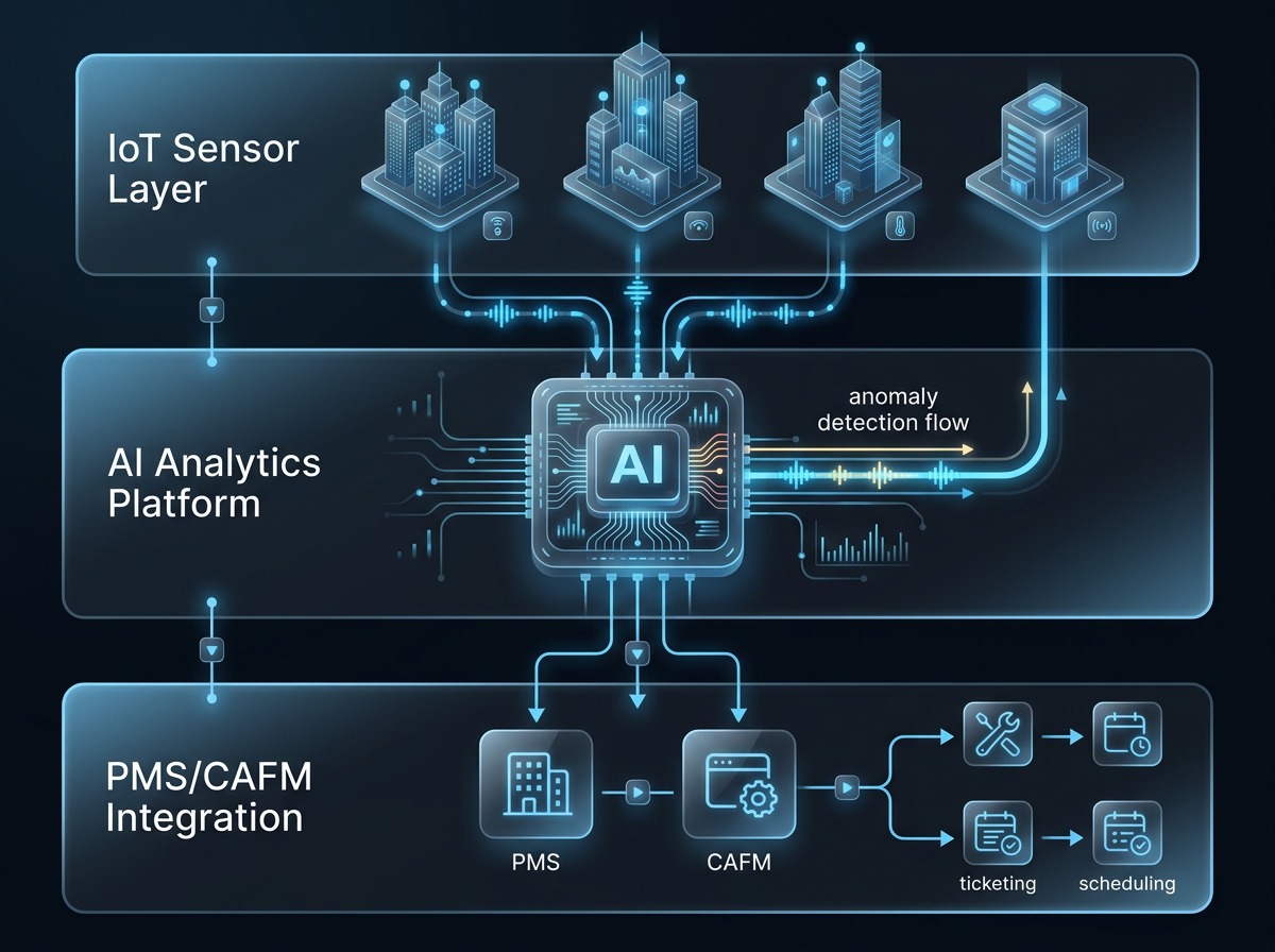 Predictive maintenance for real estate with AI: system architecture — IoT sensor layer, AI analytics platform and PMS integration