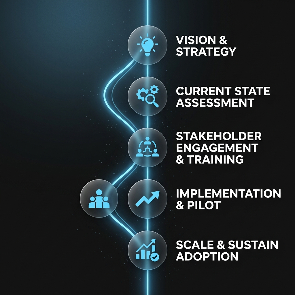 AI Change Management SME: Five-phase adoption journey from first communication to stable routine usage