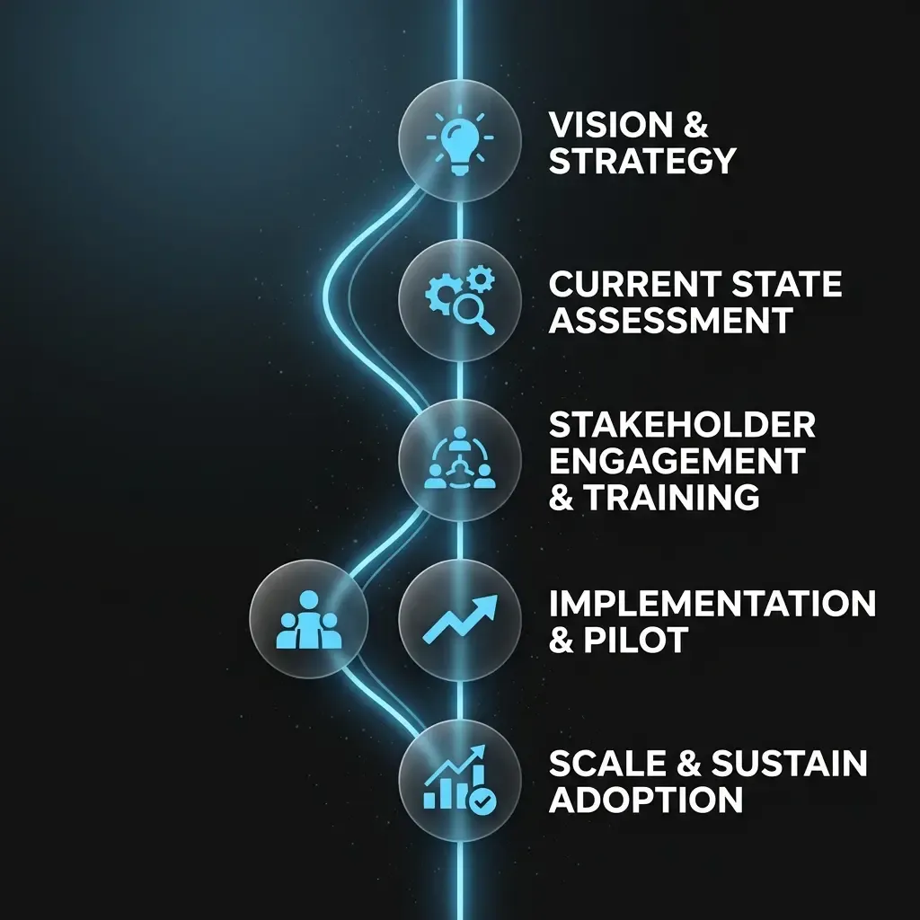 KI Change Management Mittelstand: Fünf-Phasen-Adoptions-Journey von erster Kommunikation bis stabiler Nutzung