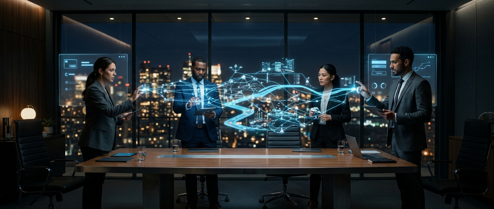 AI Change Management for SMEs: Leadership team interacting with holographic adoption roadmap in enterprise boardroom