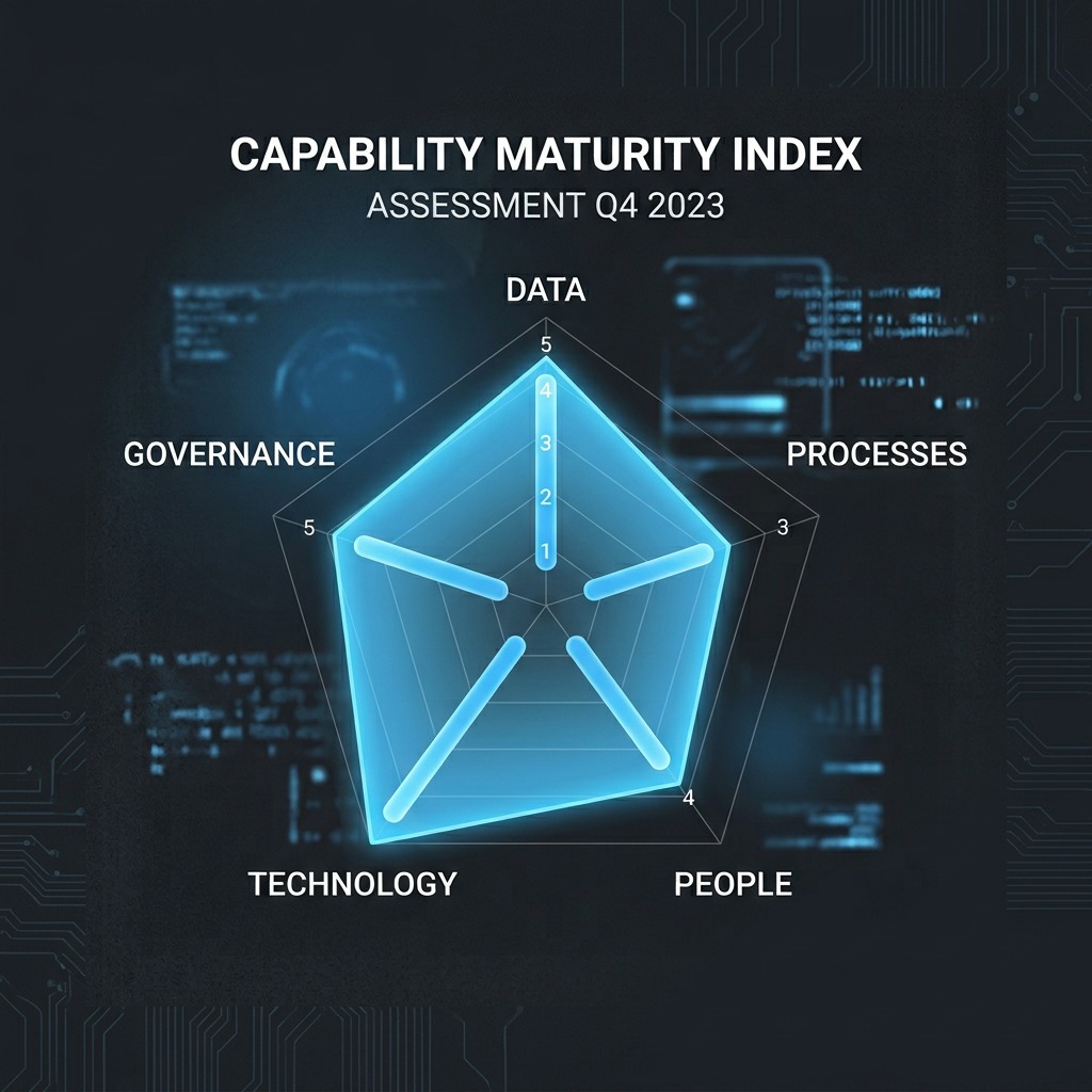 Enterprise AI maturity: pentagon radar widget with five dimensions — data, processes, people, technology and governance