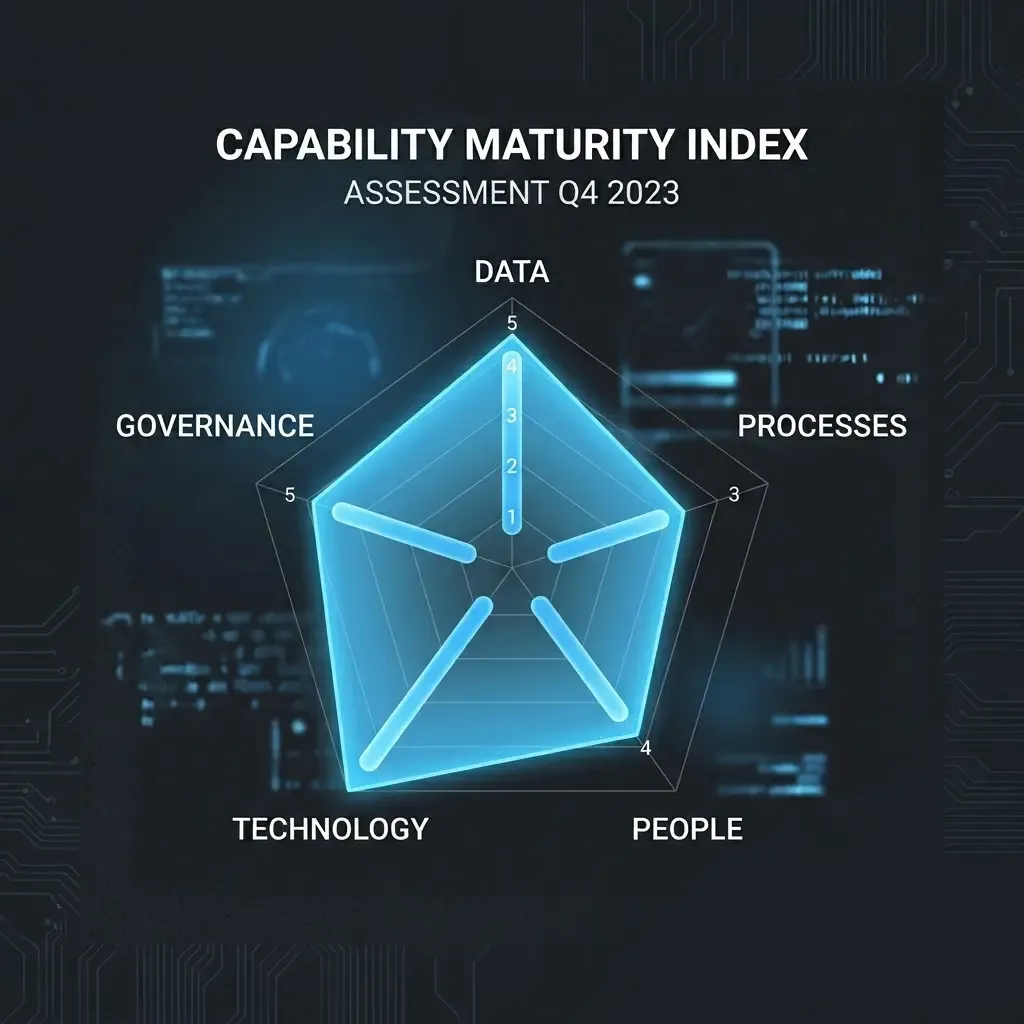 Enterprise AI maturity: pentagon radar widget with five dimensions — data, processes, people, technology and governance
