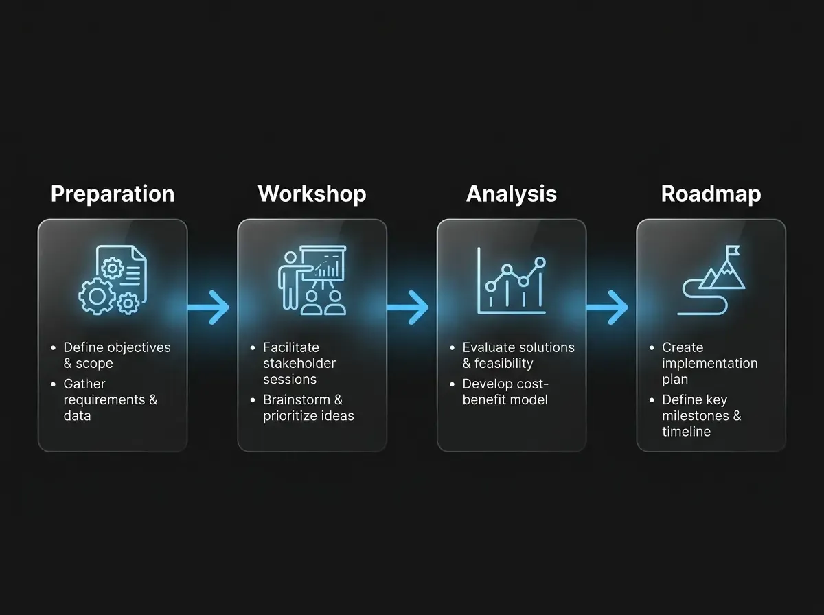 AI maturity assessment: four-phase process diagram — preparation, workshop, analysis and roadmap