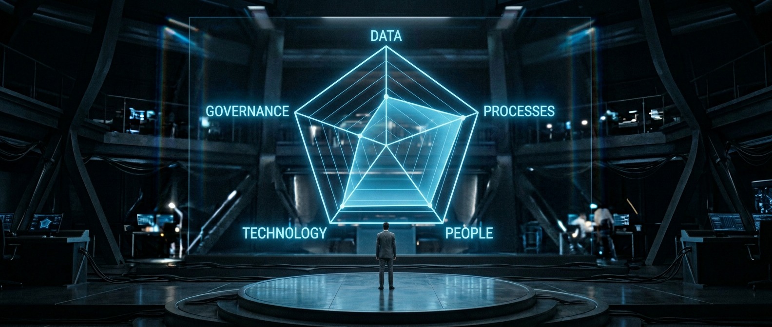 Enterprise AI maturity: decision-maker in front of a lit pentagon maturity model in a dark control room