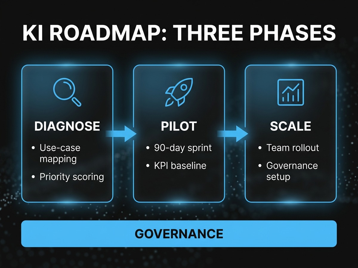 Enterprise AI roadmap: three-phase model with diagnosis, pilot, and scaling plus continuous governance band