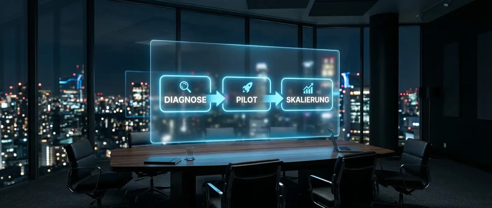 Enterprise AI roadmap: leadership team with holographic roadmap visualisation in a dark operations centre