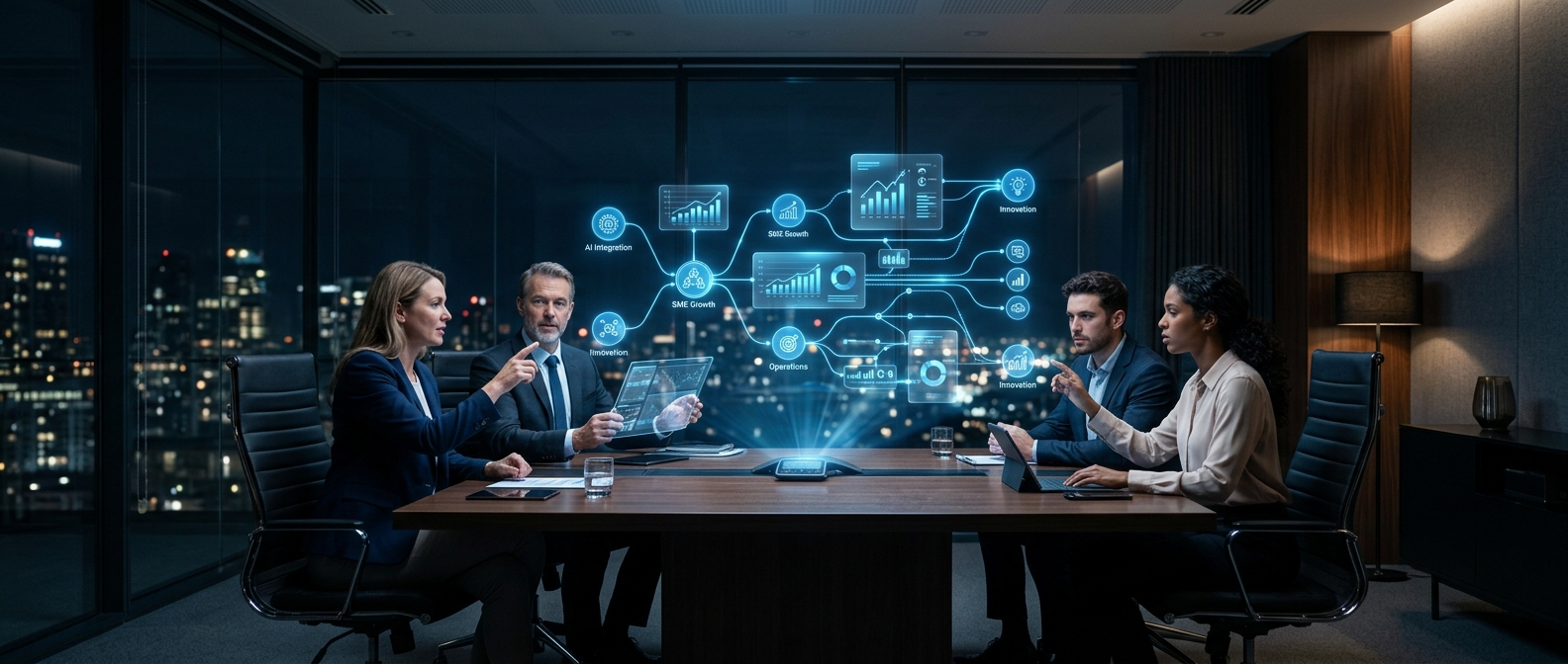 AlkunMedia - KI-Strategie entwickeln Mittelstand: Executive-Team im Enterprise-Boardroom mit holografischer Strategie-Roadmap