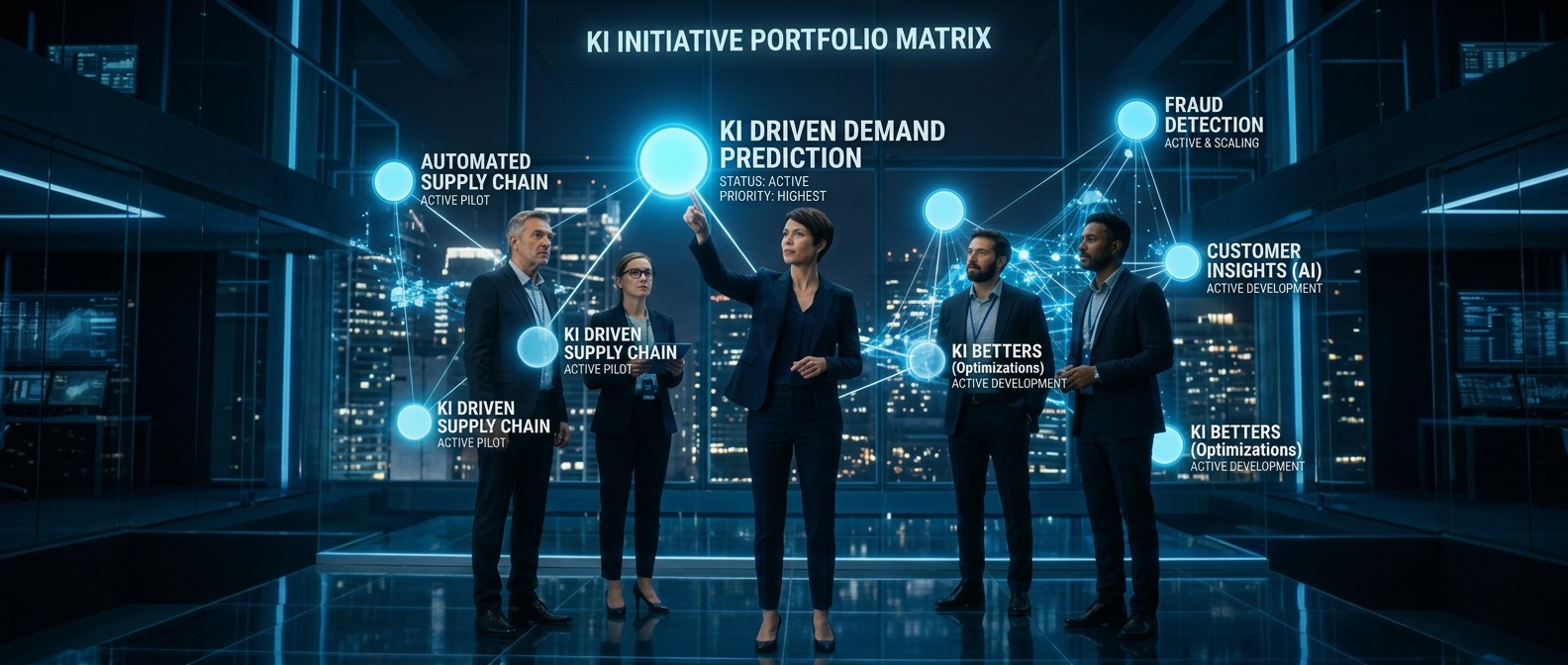 AlkunMedia - AI strategy portfolio: leadership team reviewing prioritised AI initiatives on a digital dashboard