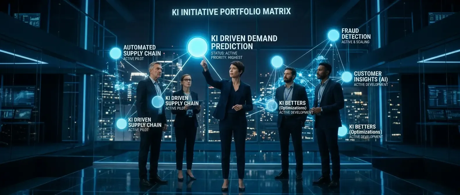 AlkunMedia - AI strategy portfolio: leadership team reviewing prioritised AI initiatives on a digital dashboard