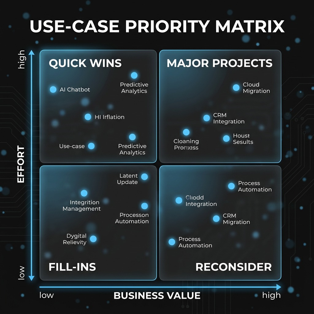 AlkunMedia — AI use case prioritisation: 2×2 assessment matrix with quick wins and strategic projects