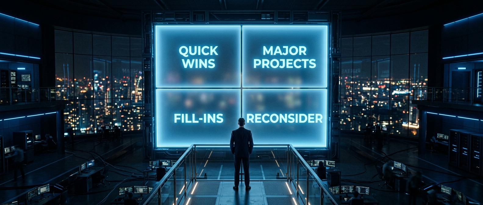 AlkunMedia — AI use case prioritisation: decision-maker reviewing a strategic priority matrix